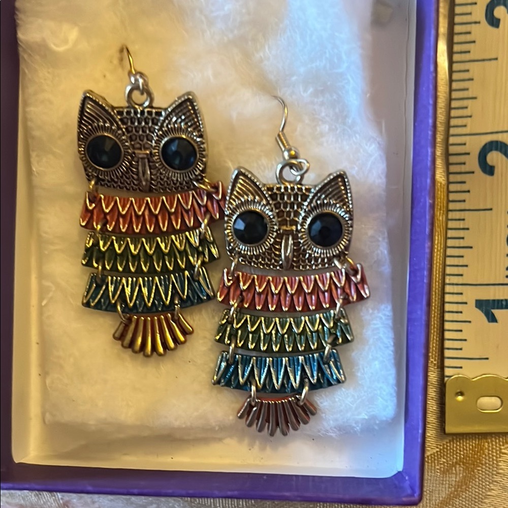 Colorful Owl Gold Earrings